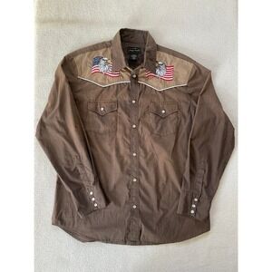 High Noon Mens Large Western Pearl Snap Shirt Brown Eagle Flag Embroidered